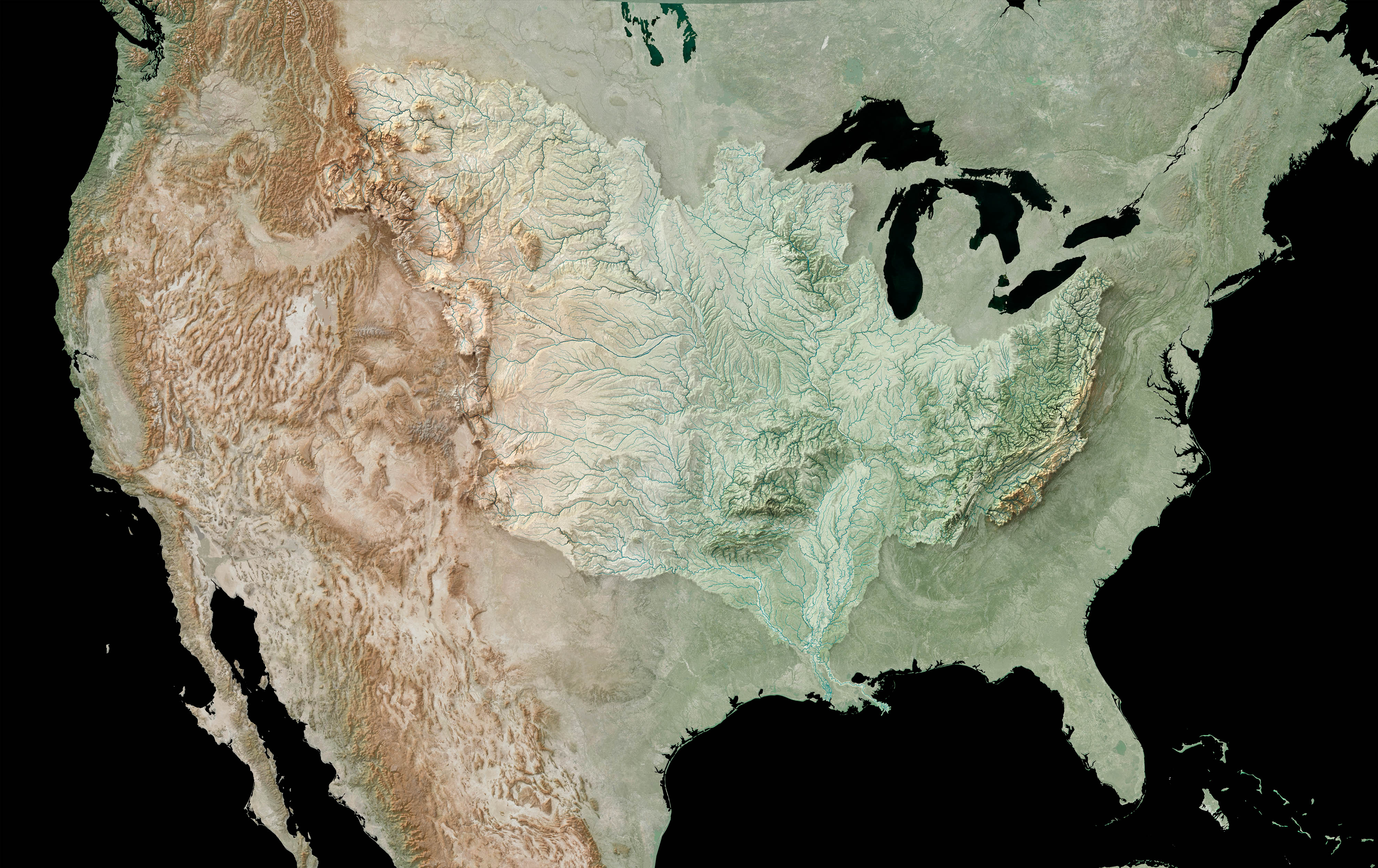 A map of the US shows the Misssissippi River floodplain occupying a huge area in the middle of the country.